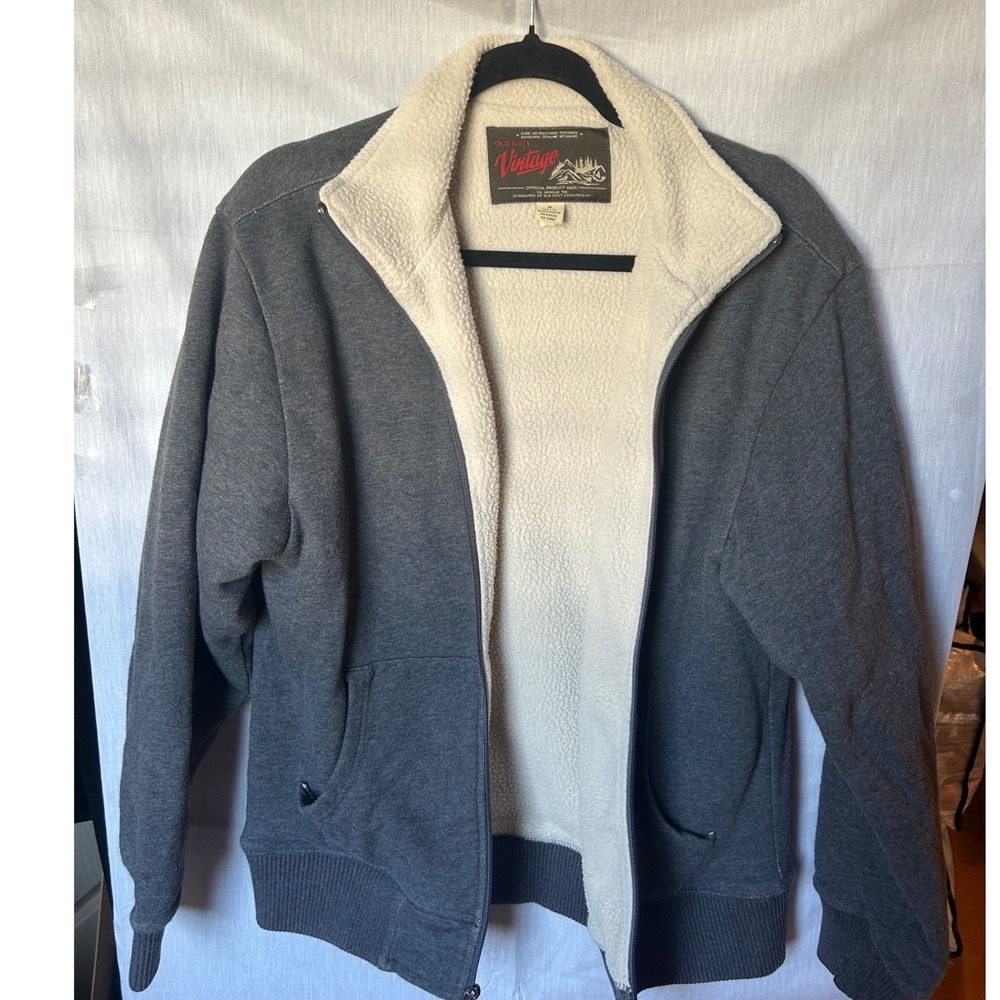 Old Navy Vintage Mens Gray Sherpa Lined Full Zip Sweatshirt Jacket Size M